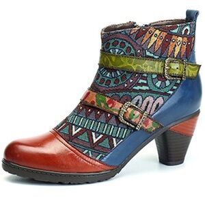 Socofy Retro Multicolor Embroidered Leather Ankle Boots Size US 7 EUR 38